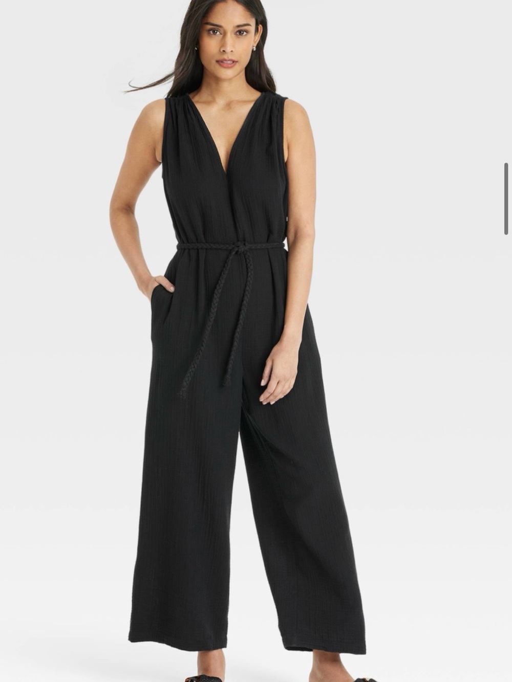 Universal Thread Womens Black Cotton V-Neck Wide-Leg Jumpsuit Minimalist Fall M